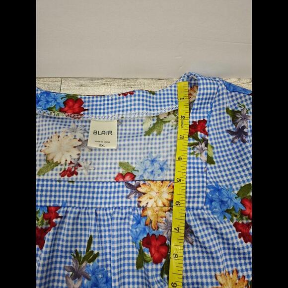 Blair 2XL Blue White Checked floral pullover top Square neck short Sleeve - Picture 10 of 10